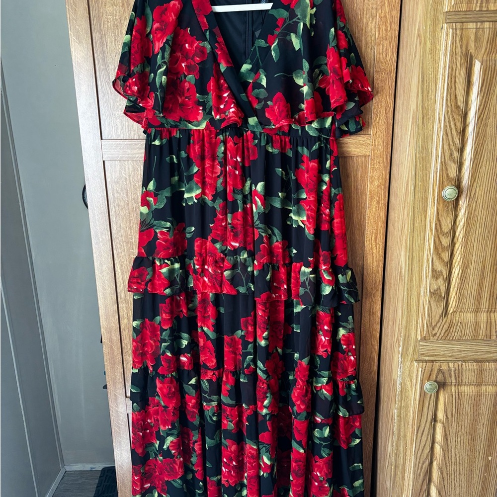 Boohoo Red and Black Floral Ruffle Tiered Maxi Dress